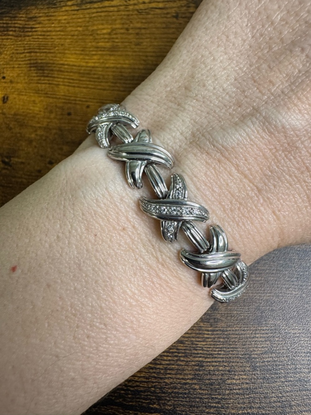 Silver Tone Knot or X Link Bracelet with Pavé Cubic Zirconia